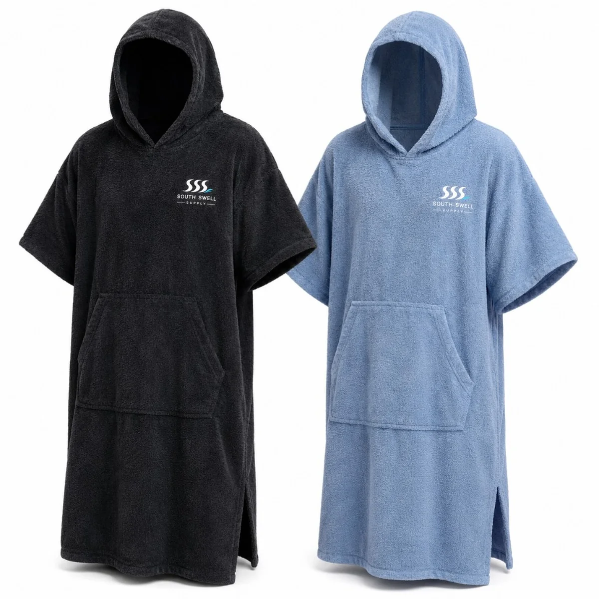 South Swell Supply hooded changing robes in charcoal and light blue terry cloth — surf poncho towels with kangaroo pockets for NZ and AU surf shops and swim schools.