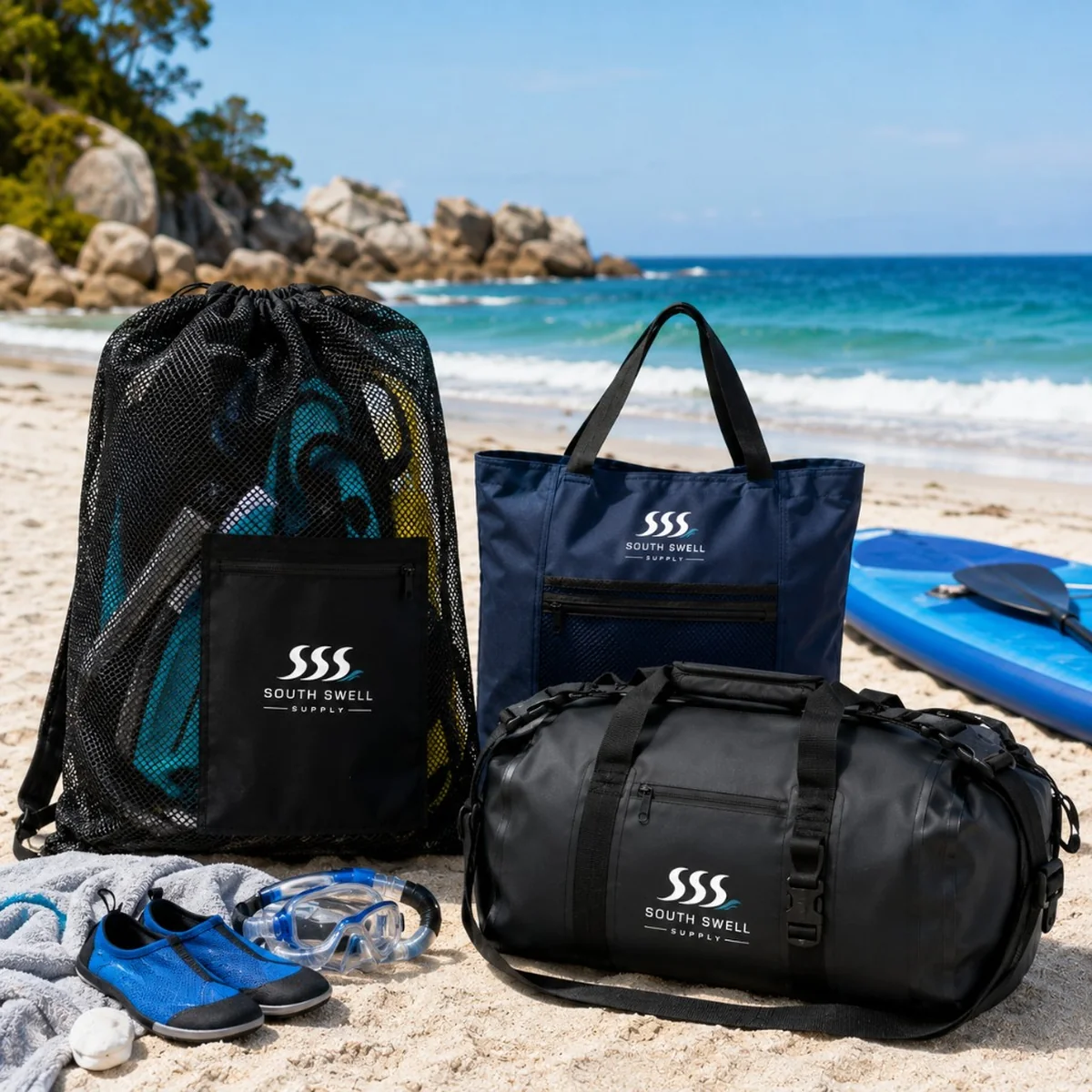 South Swell Supply mesh backpack, navy tote and black duffel on a sunny beach with snorkel gear — lifestyle use for watersports retailers in New Zealand and Australia.