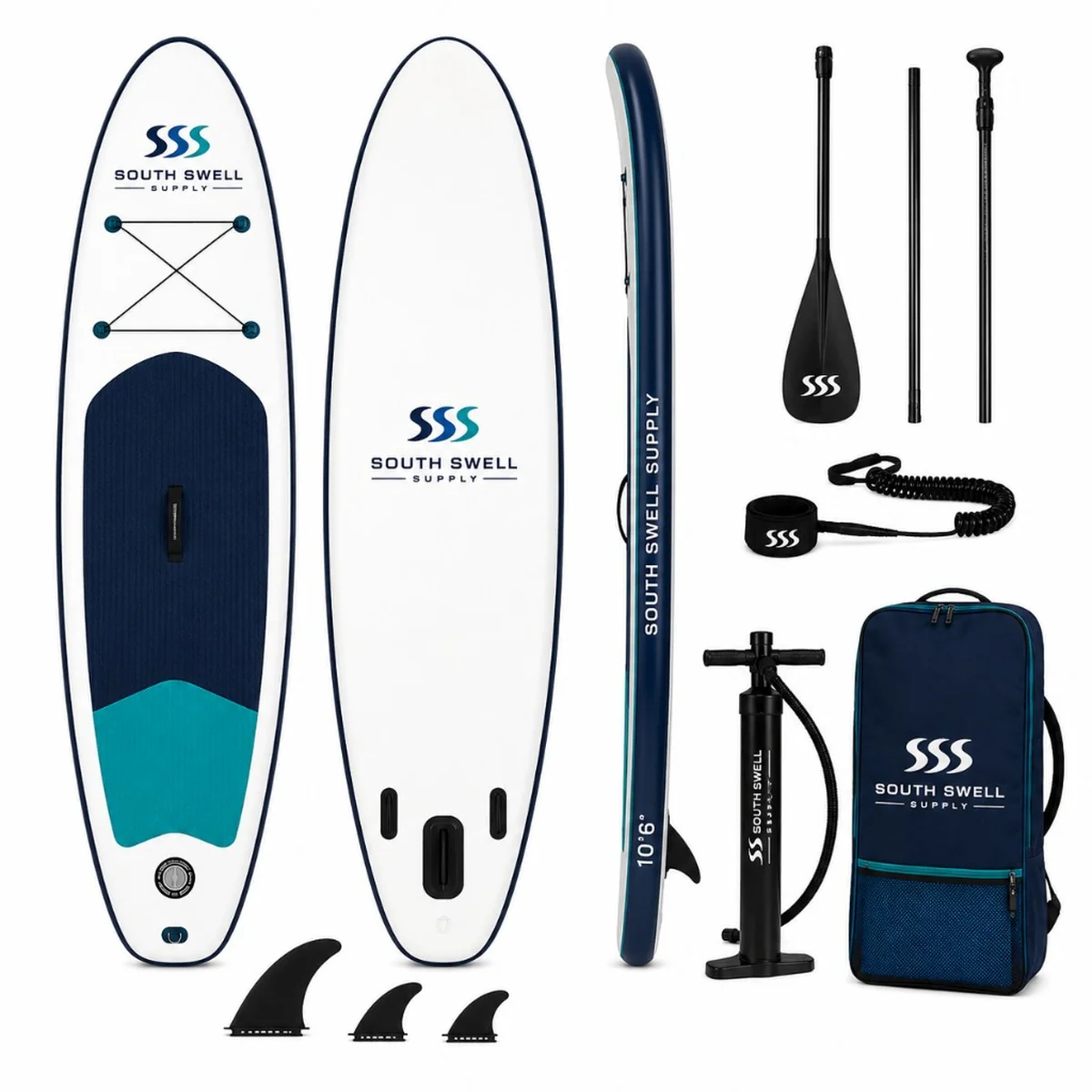 South Swell Supply 10'6" inflatable stand-up paddleboard full retail package — board, adjustable paddle, coiled leash, fins, pump and wheeled backpack for NZ and AU retailers.
