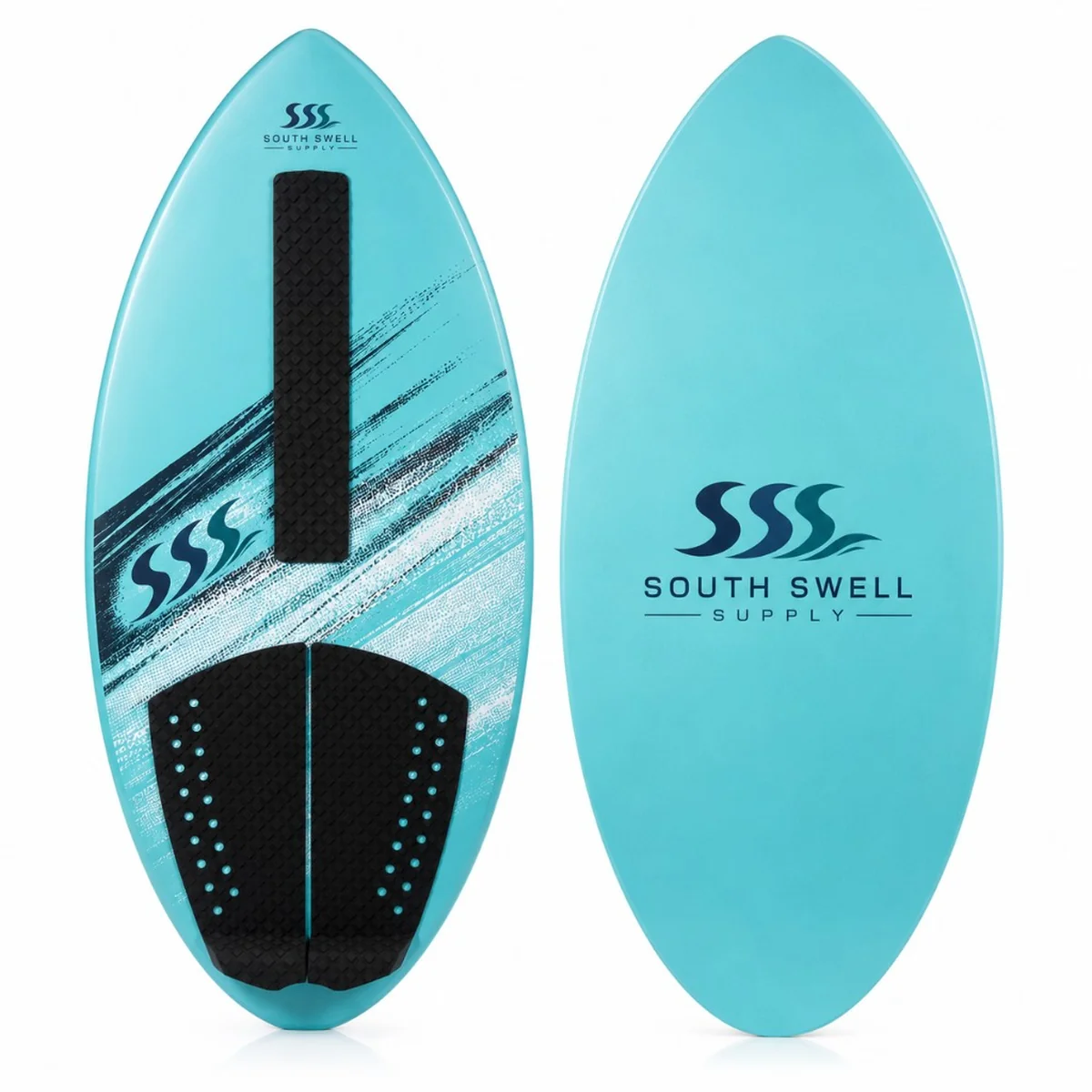Turquoise South Swell Supply skimboard front and back views with black traction pads and navy brushstroke deck graphics — OEM skimboards for NZ and AU beach retailers.