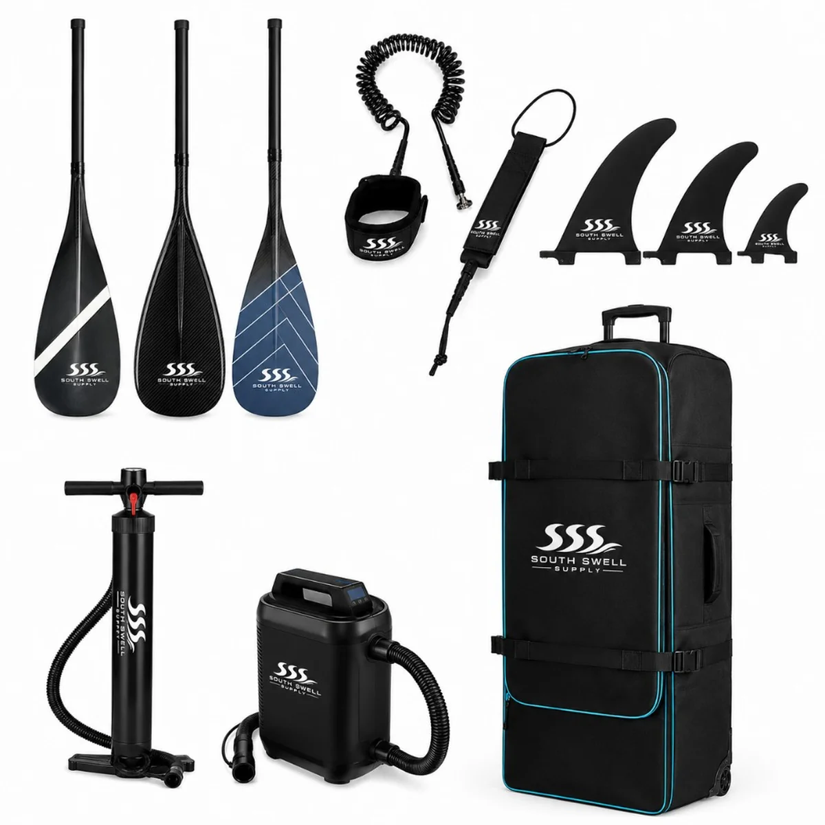 South Swell Supply branded SUP accessories — paddles, coiled leash, fin set, manual and electric pumps, and wheeled carry bag for iSUP retail packages.