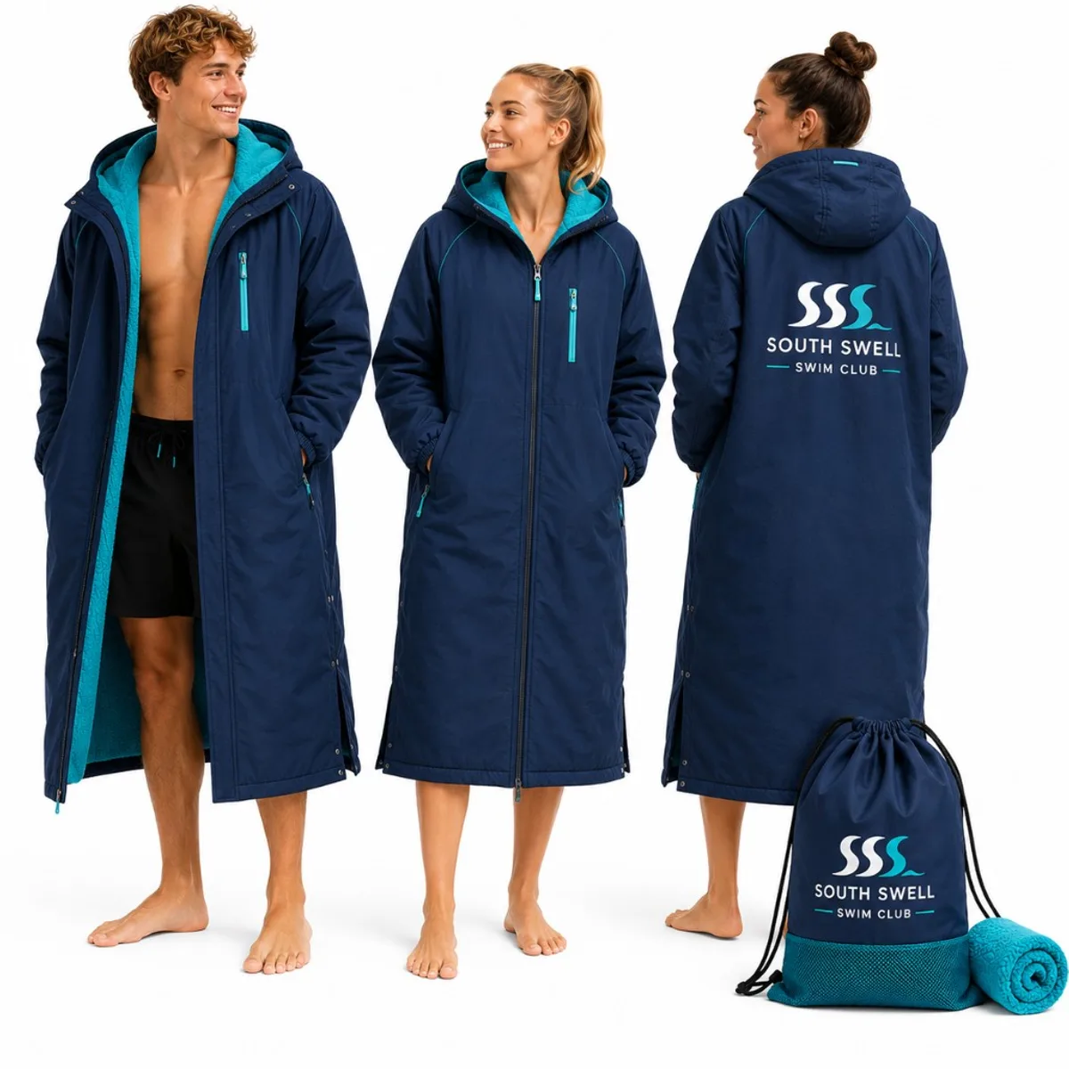 Swimmers wearing custom navy fleece-lined swim parkas with turquoise hood lining and matching club drawstring bag.