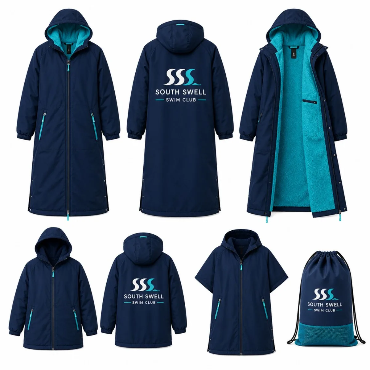 Custom swim parkas and changing robes in navy with turquoise fleece lining — long and short hooded styles plus drawstring bag for swim clubs.