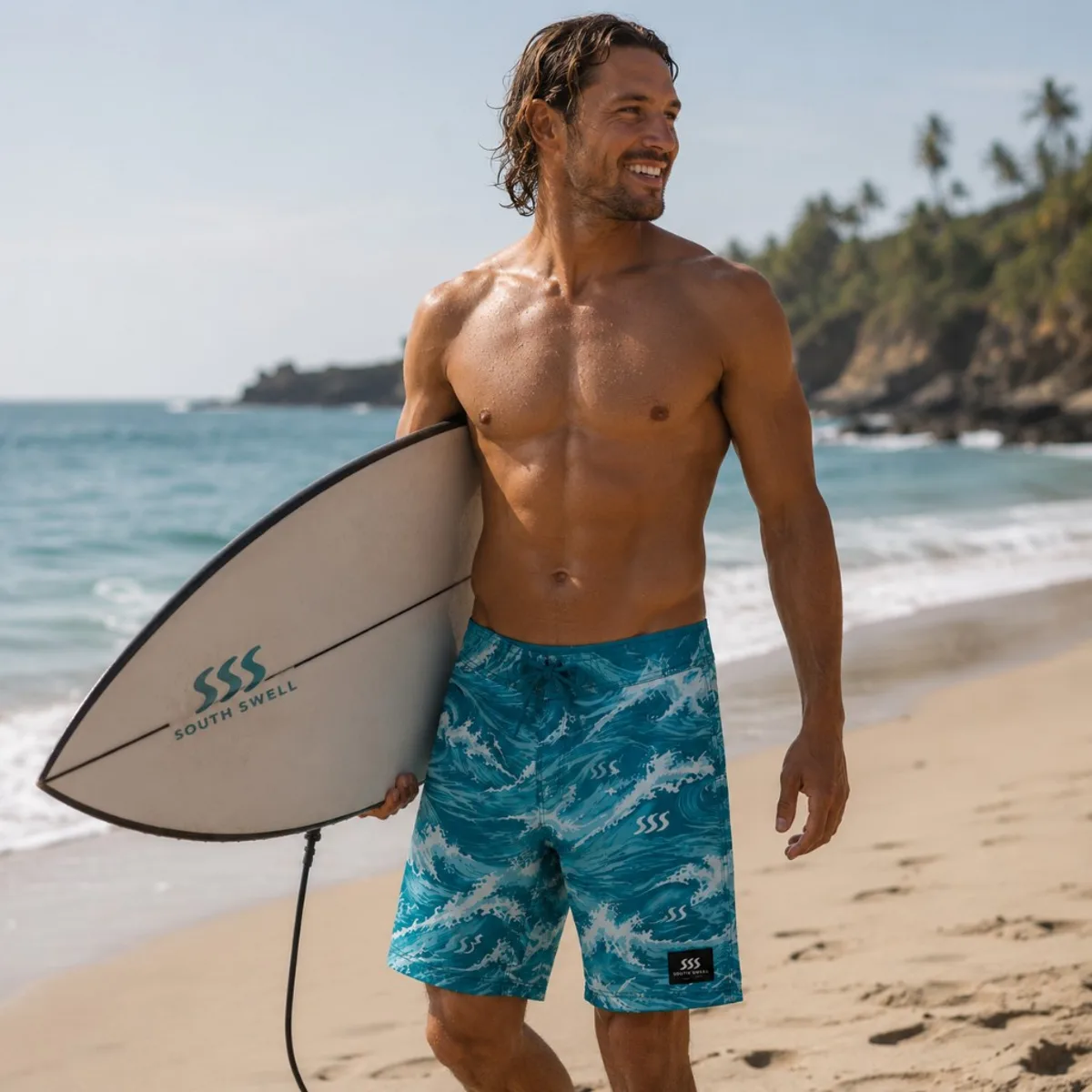 Man on a beach wearing custom teal wave-print board shorts and carrying a branded surfboard — surf and resort retail range.