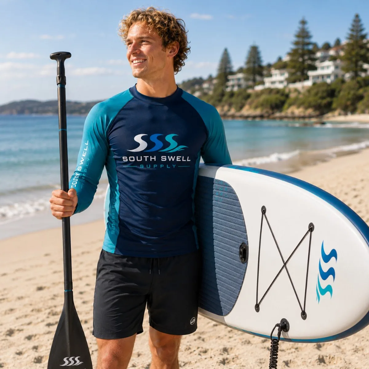 Man wearing a custom navy and teal long-sleeve rash guard on a beach with a paddleboard — lifestyle use for surf schools and outdoor brands.