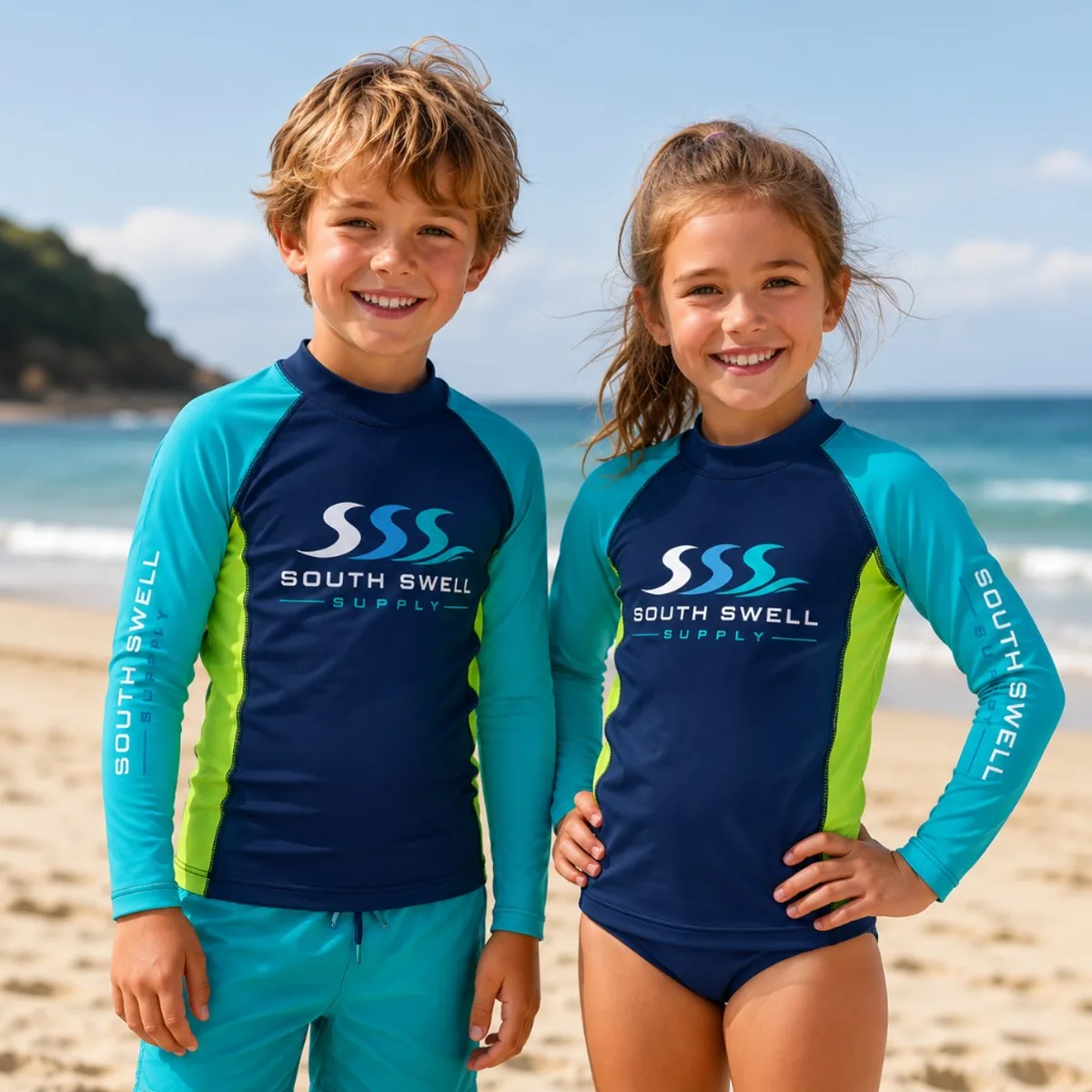 Two children wearing custom navy and turquoise kids rash vests on a sunny beach — learn-to-swim and club uniform programme.