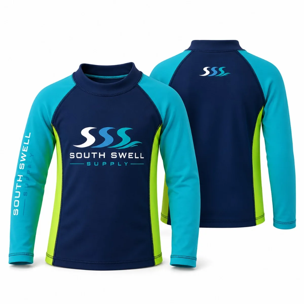 Front and back views of a custom kids long-sleeve rash vest in navy, turquoise and lime — UPF sun protection for NZ and AU swim schools and clubs.