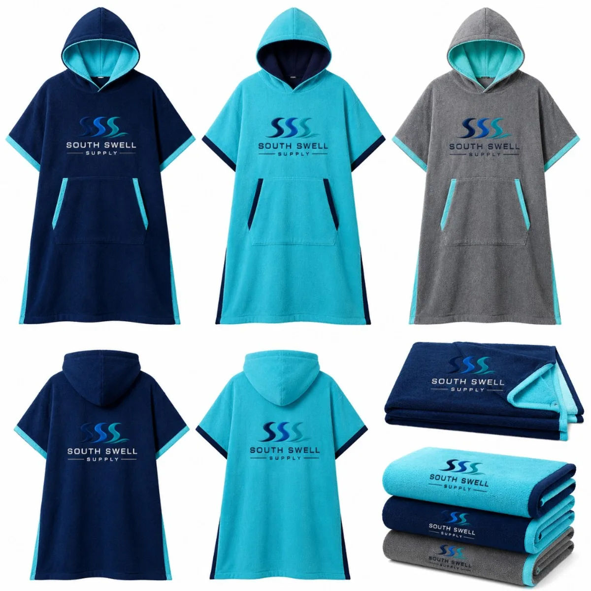 Custom hooded poncho towels in navy, turquoise and grey with kangaroo pockets — branded changing robes for swim schools, clubs and resorts.