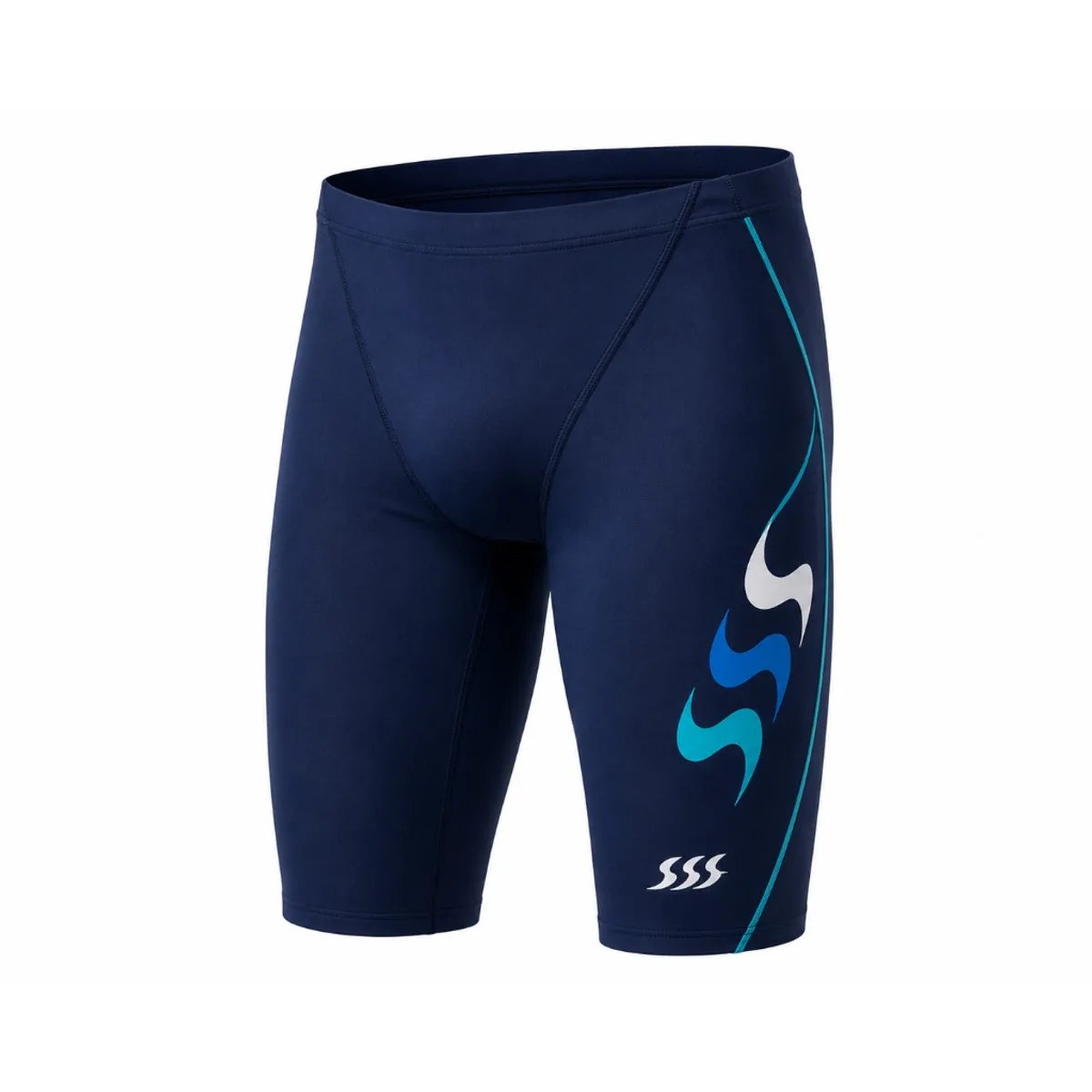 Custom navy racing swim jammers with wave branding on the leg — compression knit competition swimwear for clubs and squads in NZ and AU.
