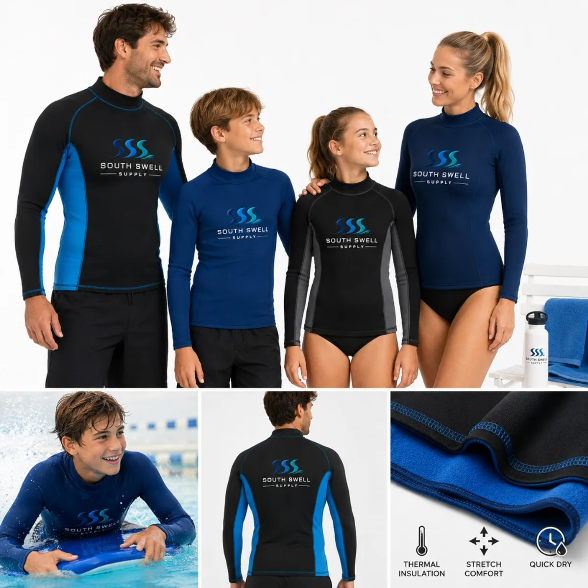 Family wearing custom thermal swim tops at the pool — insulated long-sleeve tops for kids and adults in swim school programmes.