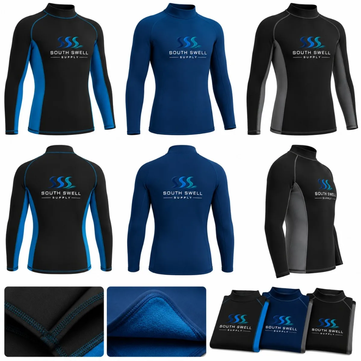 Custom thermal long-sleeve swim tops in navy, black-blue and black-grey with fleece lining — neoprene-style warmth for learn-to-swim and open water.