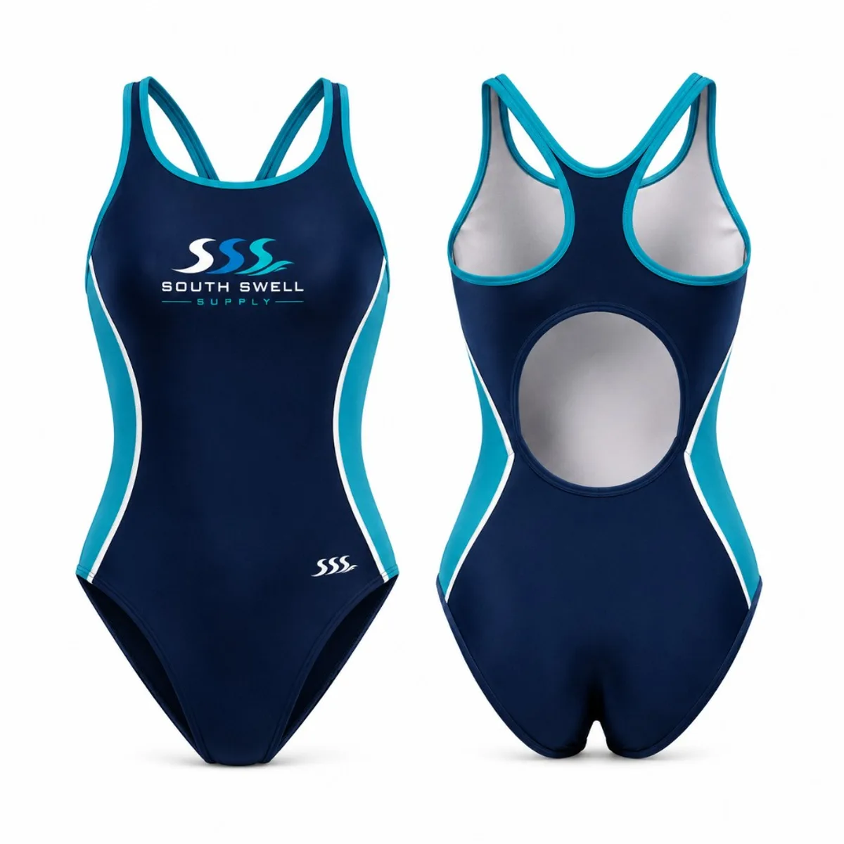 Front and back views of a custom one-piece training swimsuit in navy and turquoise with racerback cut — chlorine-resistant club swimwear for NZ and AU squads.