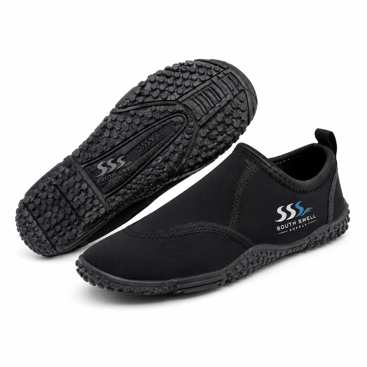 South Swell Supply black reef shoes with textured rubber grip soles and neoprene uppers — OEM aqua shoes for NZ and AU surf shops, resorts and tour operators.