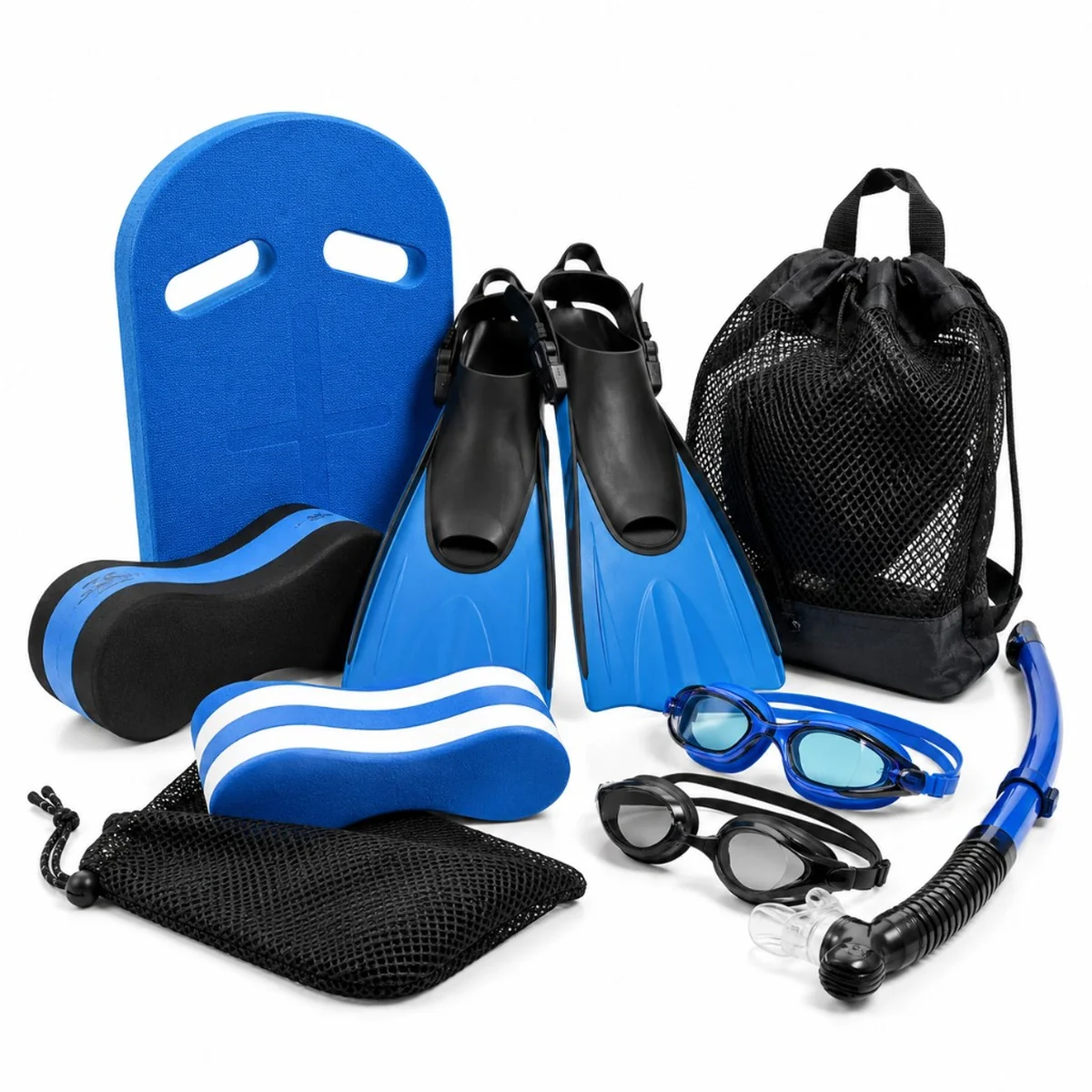 Swimming training accessories collection — blue kickboard, fins, goggles, snorkel, pull buoys and mesh gear bags for NZ and AU swim schools and retailers.
