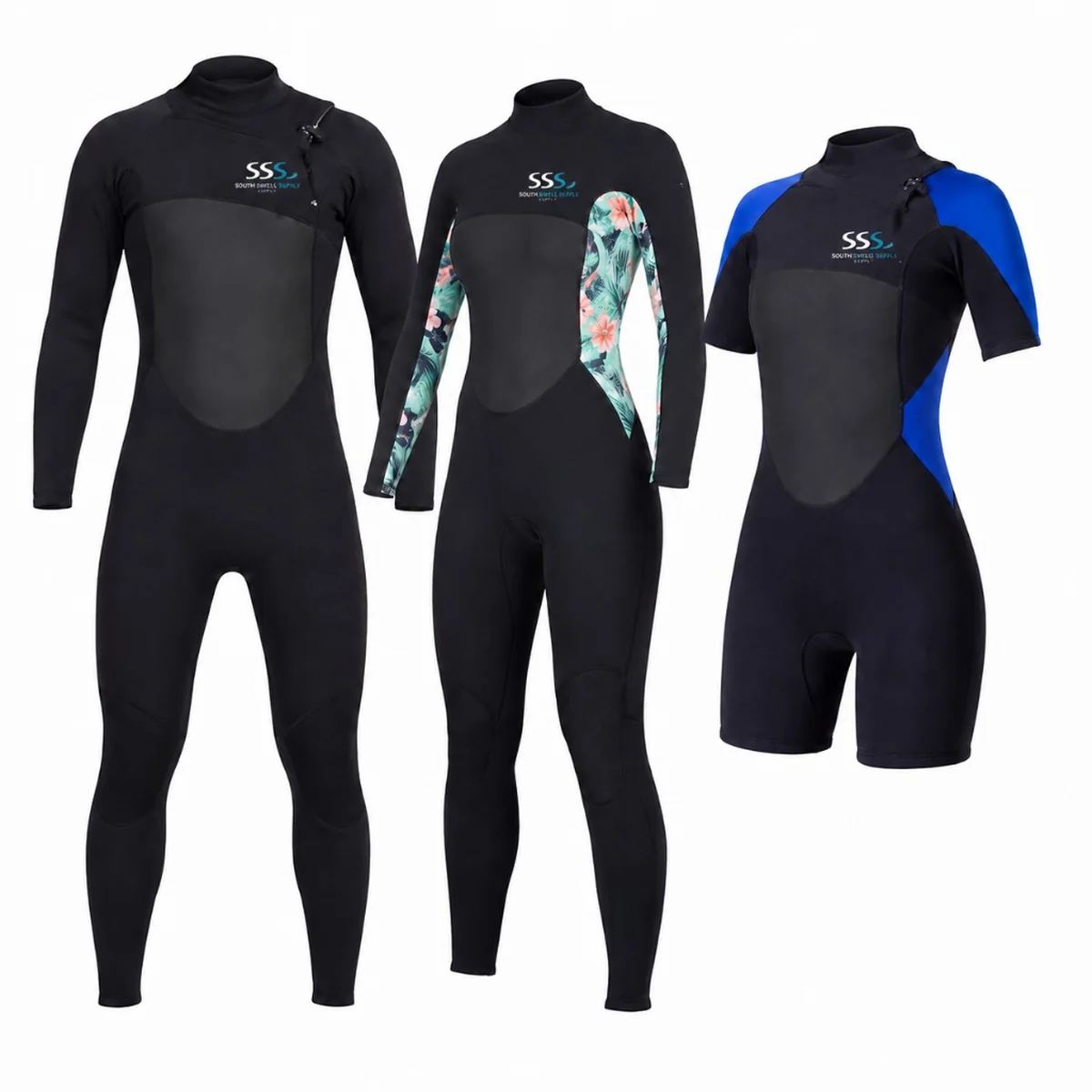 South Swell Supply wetsuit range — men's full steamer, women's floral-panel suit and blue shorty spring suit with custom branding for NZ and AU surf shops and rental operators.